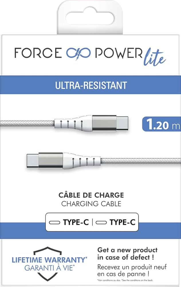 BIGBEN Force Power Lite - Câble Renforcé USB C/USB C 1,2m 3A Garanti à vie Blanc - 100% Plastique recyclé