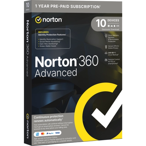 [21453735] NORTON 360 ADVANCED PWM NO INSURANCE 200GB SE 1 USER 10 DEVICE 12MO KOD ESD SANS SOUSCRIPTION