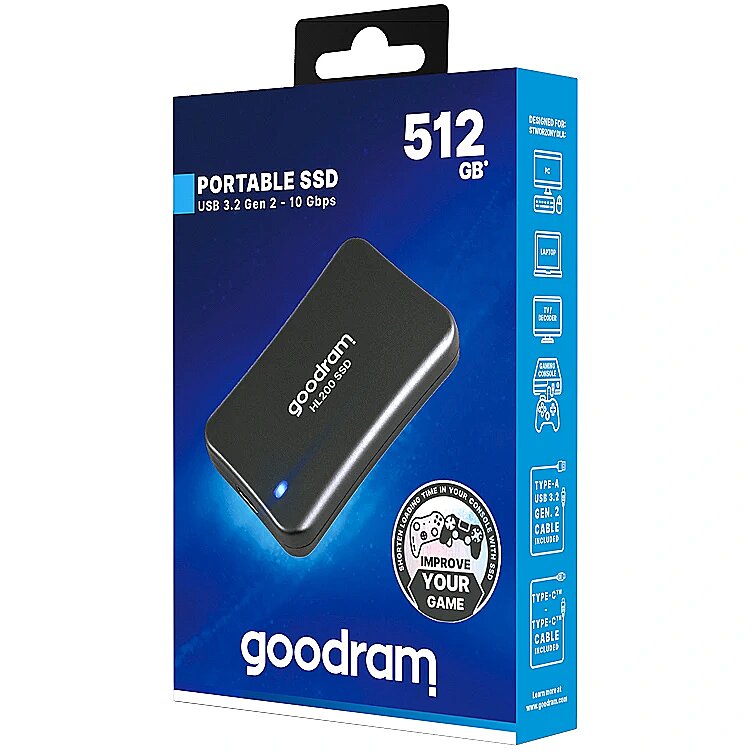 GOODRAM HL200 / SSD 512 Go 3D NAND / Externe USB 3.2 gen 2 Type-C / Lecture 520 Mo/s - Écriture 500 Mo/s / Câble USB-A-C et USB-C-C Inclus / Garantie 3 Ans Constructeur