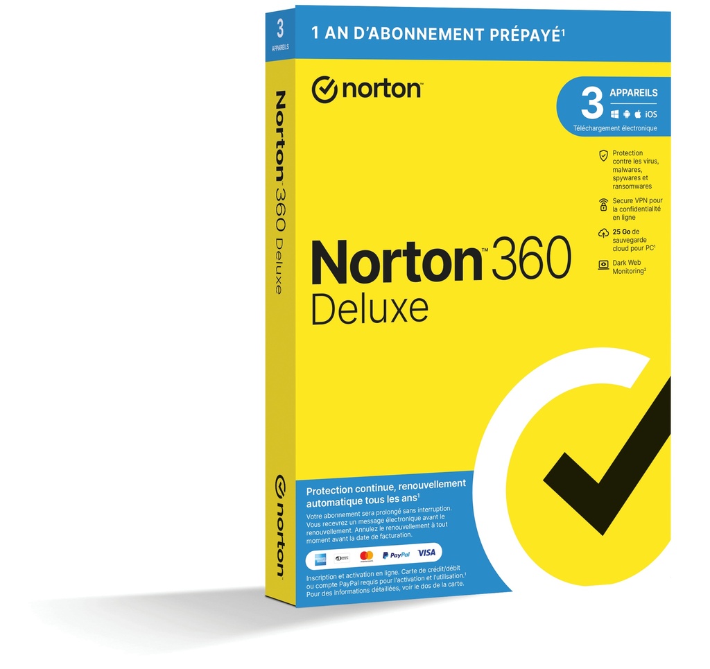 NORTON 360 DELUXE ND 25GB SE 1 USER 3 DEVICE 12MO KOD ESD SANS SOUSCRIPTION